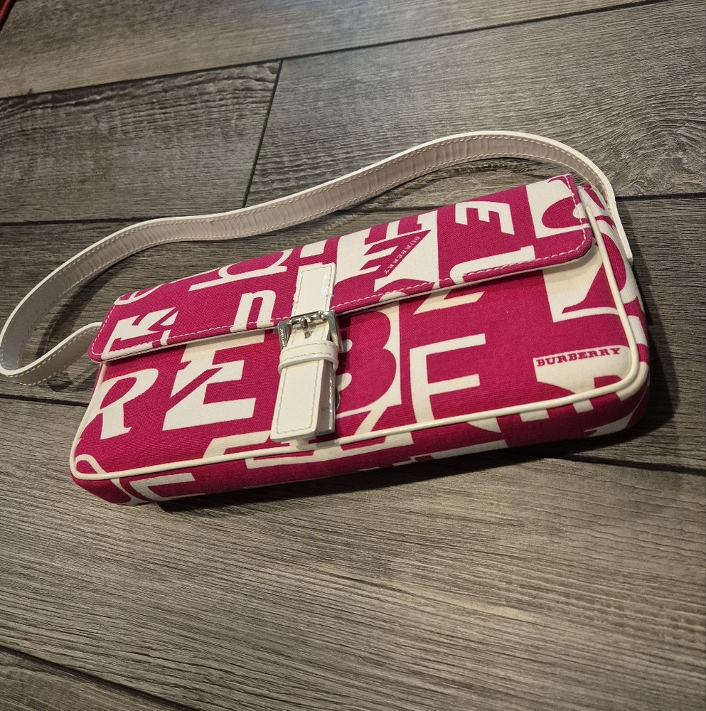 BURBERRY Bold Pink and White Shoulder Bag W/Storage Bag